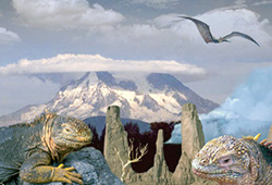 two lizards bask on rocks, a pterodactyl flies overhead, deaths head mountain in the background