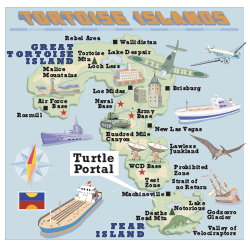 map of the tortoise islands with little graphics and the location of turtle indicated on fear island