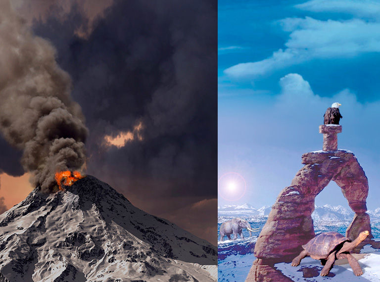two pictures, a savage volcano erupting, a stone arch on a snowy plateau with an eagle perched on the t shape carved in stone